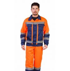 Костюм мужской "Дорожник-Люкс" летний сигнальный куртка, п/к оранжевый с т.синим